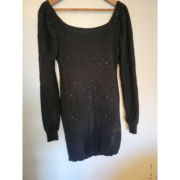 Midi Sweater Dress Womens Medium Black Sparkles Ruffled Shoulder Off Shoulder -C - Picture 10 of 12